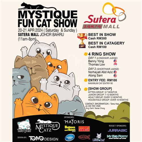 <div class='event-date'>19 Apr 2024 to 22 Apr 2024</div><div class='event-title'><h4>Mystique Fun Cat Show</h4></div>